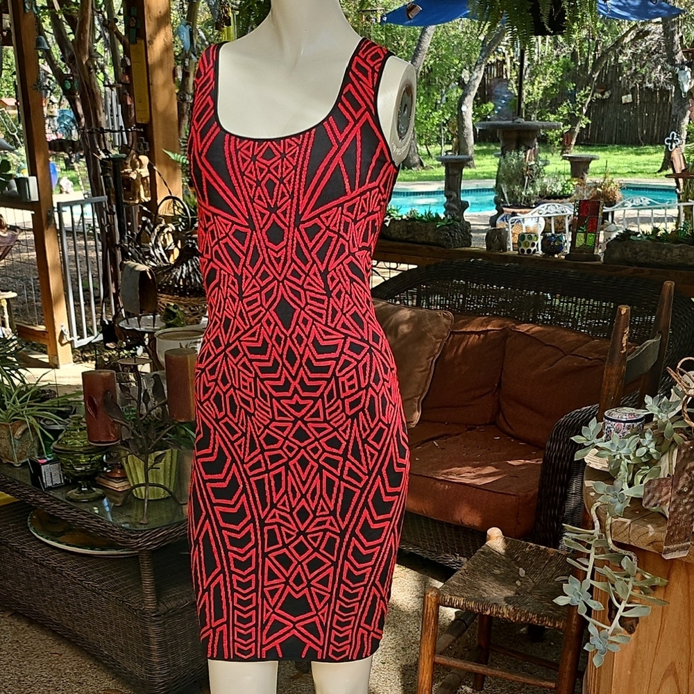 RVN ROUGE Puzzle Solver TIGHT FIT STRETCHY Geometric Red and Black Dress